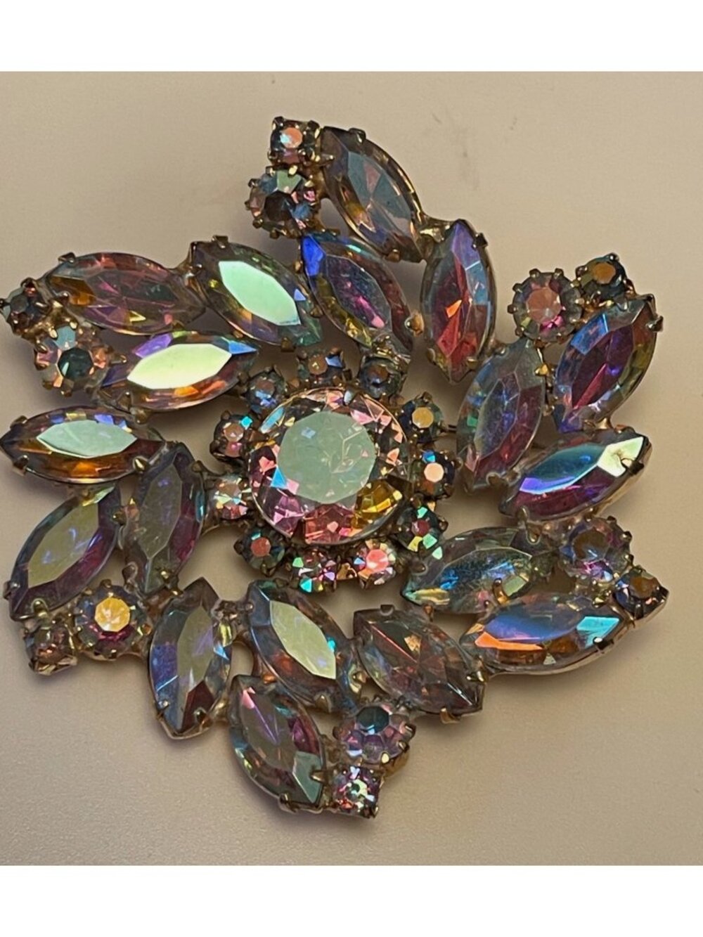 Vtg Massive Aurora Borealis Crystal Pinwheel Brooch Multicolor Brilliant Sparkle